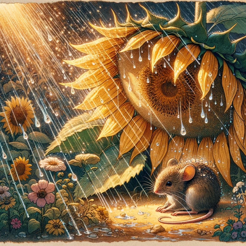 Mouse Under Sunflower in Summer Rain, Whimsical Illustration