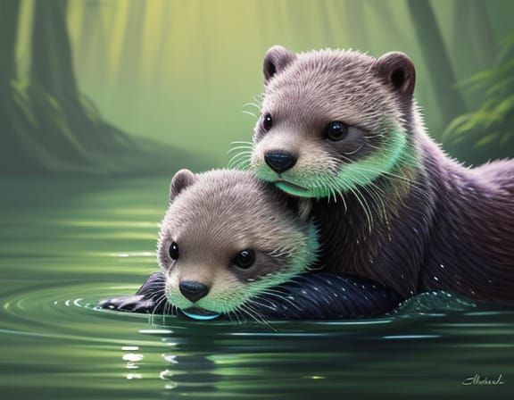Mother and Pup Otters Play in Oil Painting