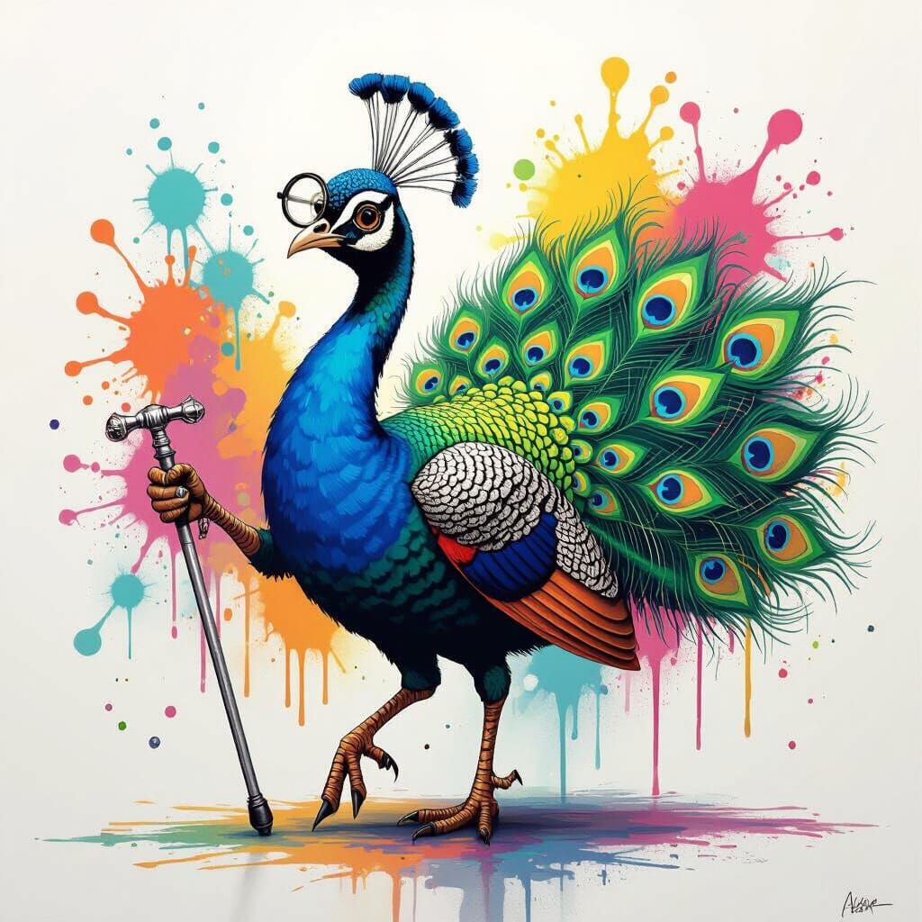 Proud Peacock With Monocle in Vibrant Street Art Style