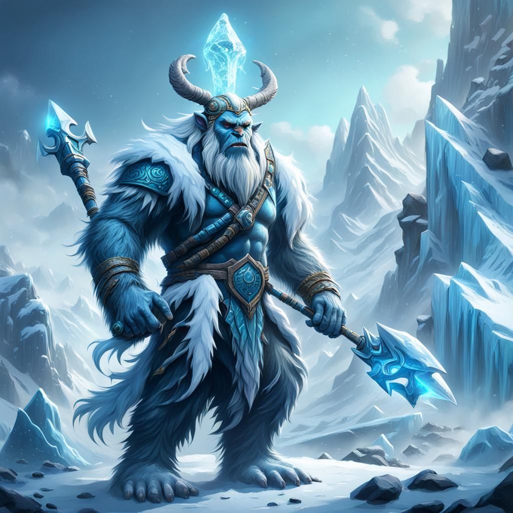 Yeti Ice Warrior with Trident, Detailed Matte Painting