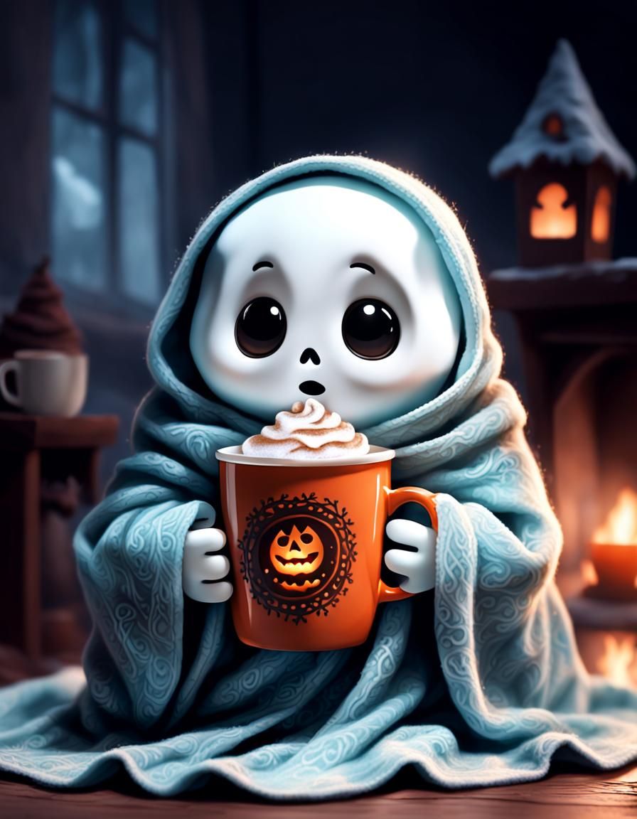 Cute Ghost in Blanket Enjoying Hot Cocoa