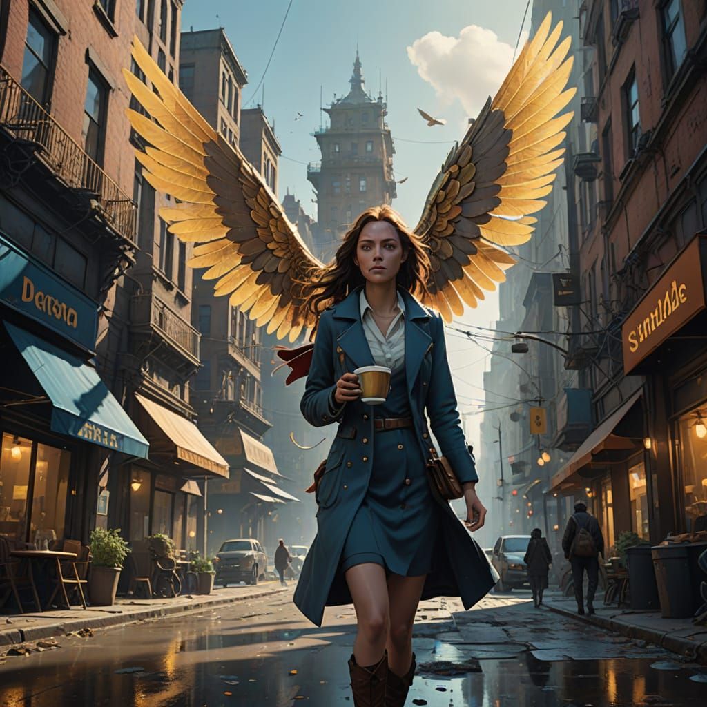 Ethereal Coffee Cup with Wings Sails Through Morning City