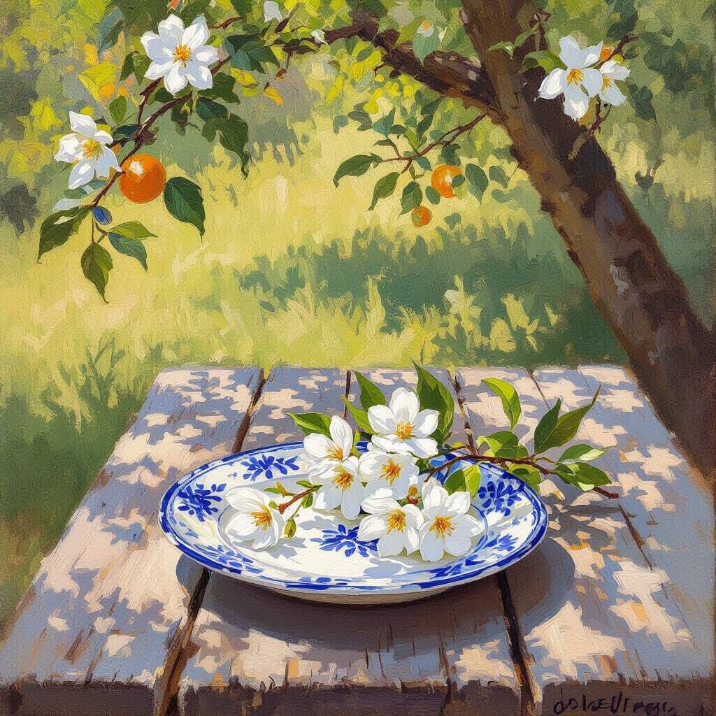 Impressionist Still Life: Orange Blossoms on Antique Plate