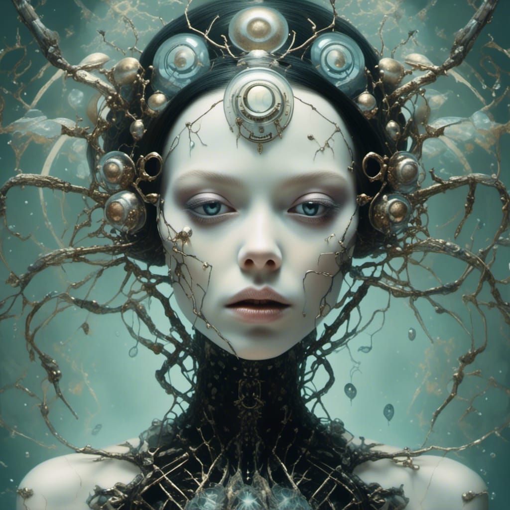 Ethereal Cyborg Woman in Double Exposure Painting