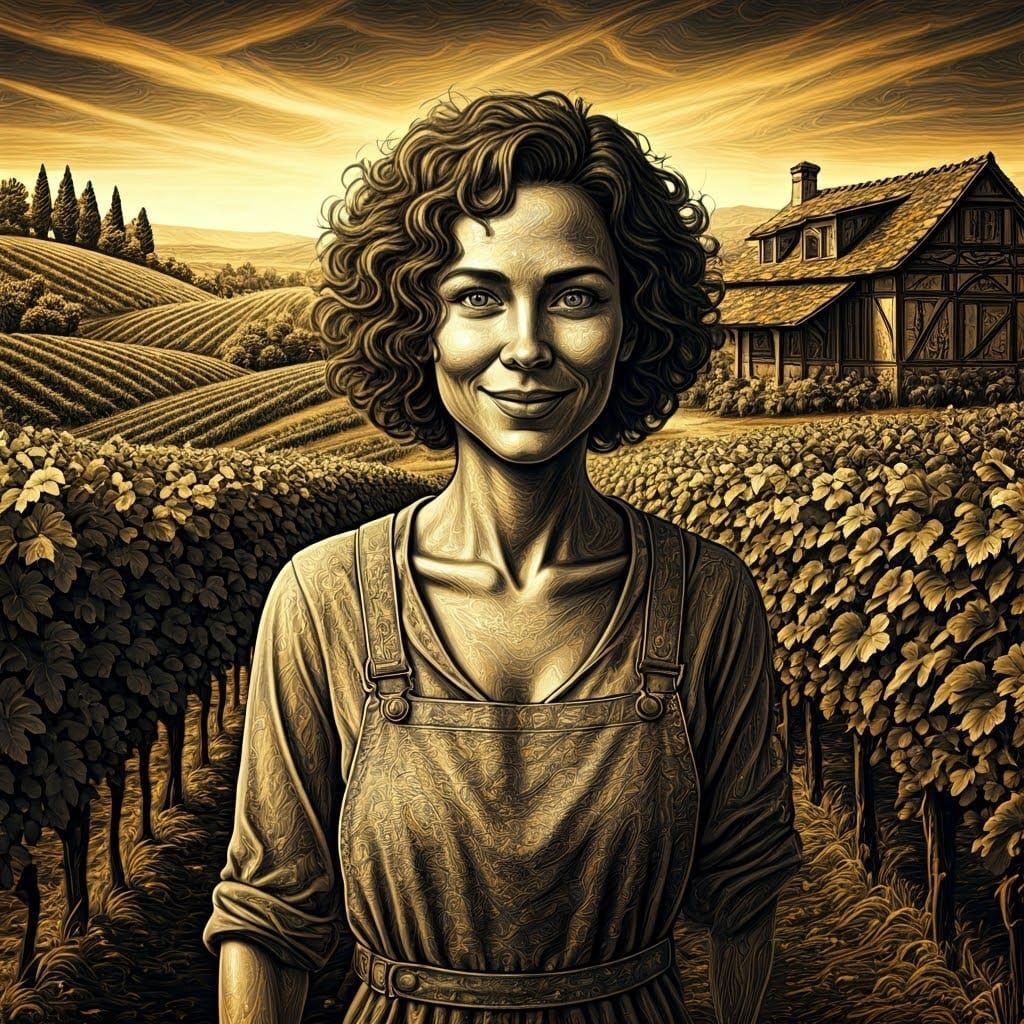 Cozy Cottagecore Woman in Golden Vineyard Landscape