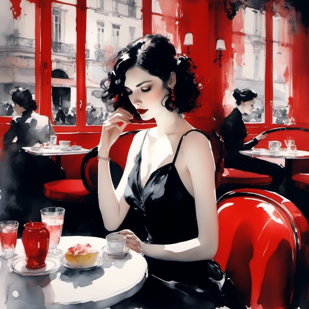 Gothic French Woman in Paris Cafe Watercolor