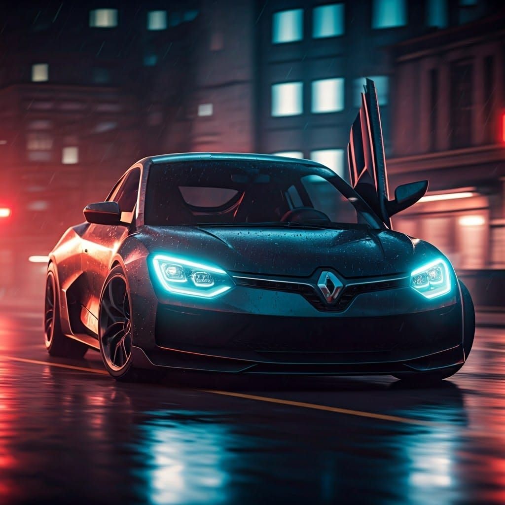 Sleek Matte-Black Renault Twingo Concept in Neon-Lit Citysca...