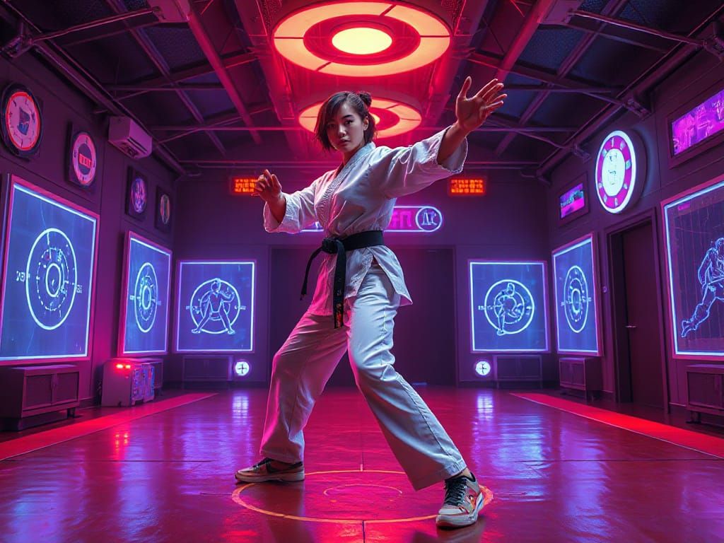 Cyberpunk Dojo: Woman Practicing Karate in Futuristic Settin...
