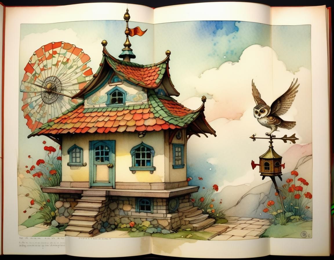 Charming Owl Fairy House Watercolor Illustration