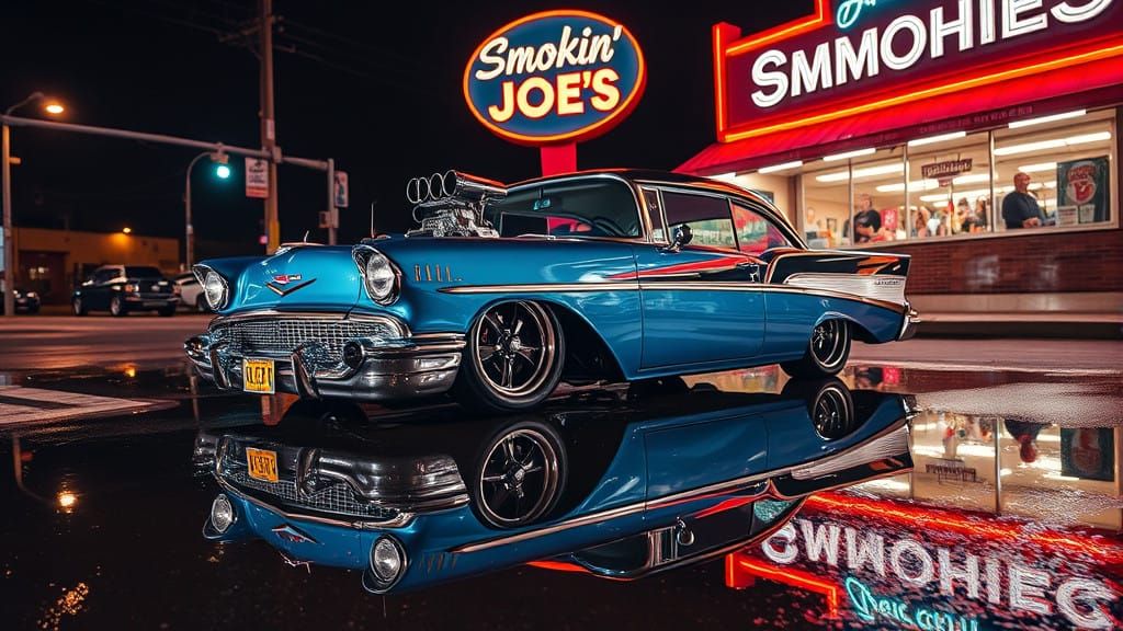 overhead drone view photo of an wild cherry blue black paint 1957 Chevy Bel-Air street rod, a big block blown chrome eng...