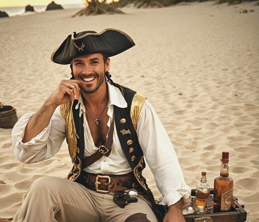 Handsome Pirate Captain Lounging with Treasure
