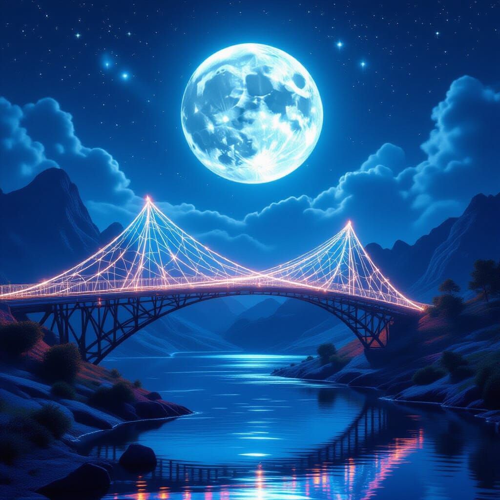 Glowing Spider Silk Bridge under Silver Moon