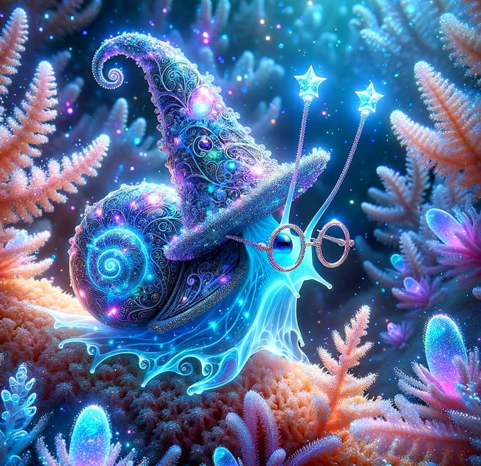 Magical Sea Snail Wizard in Bioluminescent Coral