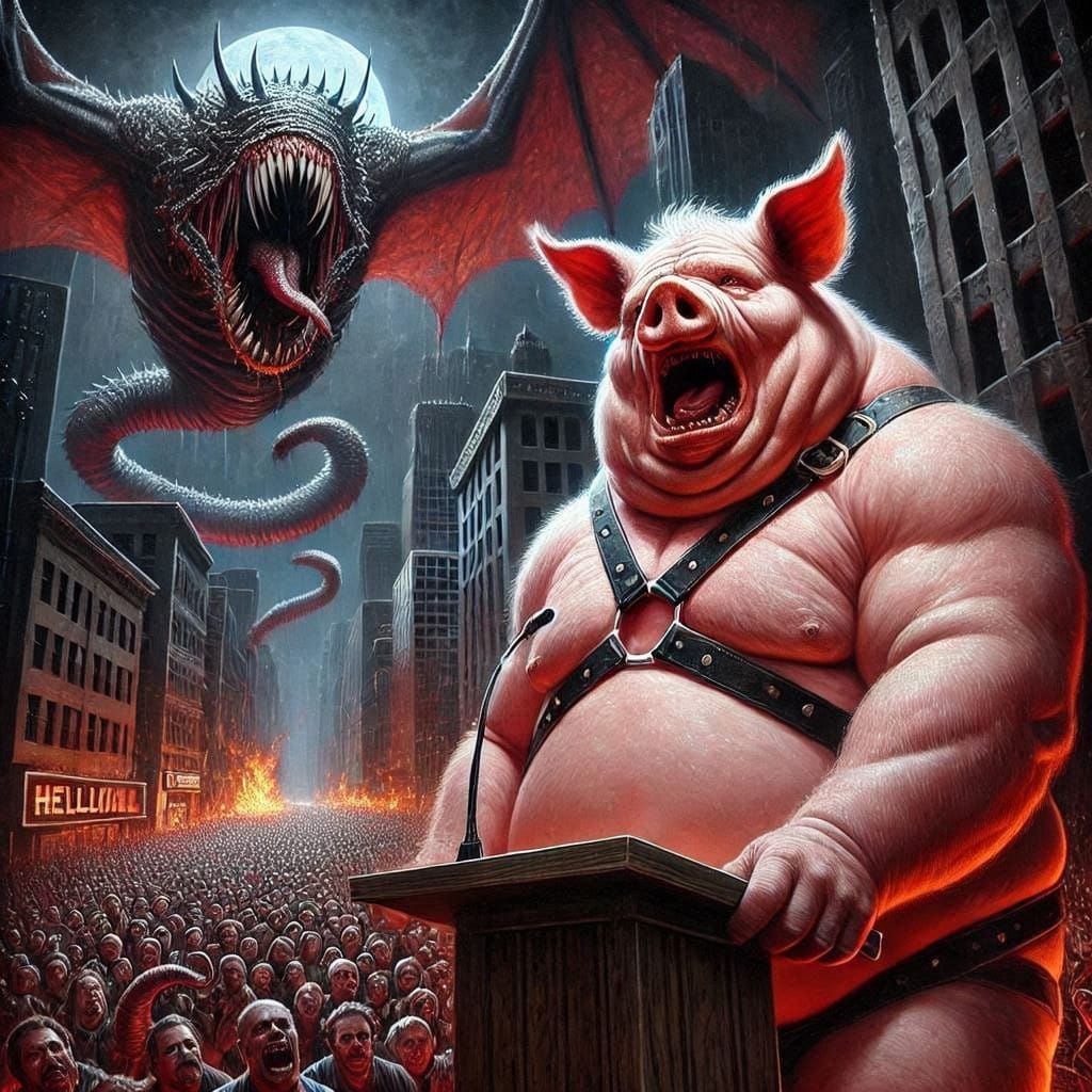 Hell Pig Gives Dark City Oration in Oil Paint Style