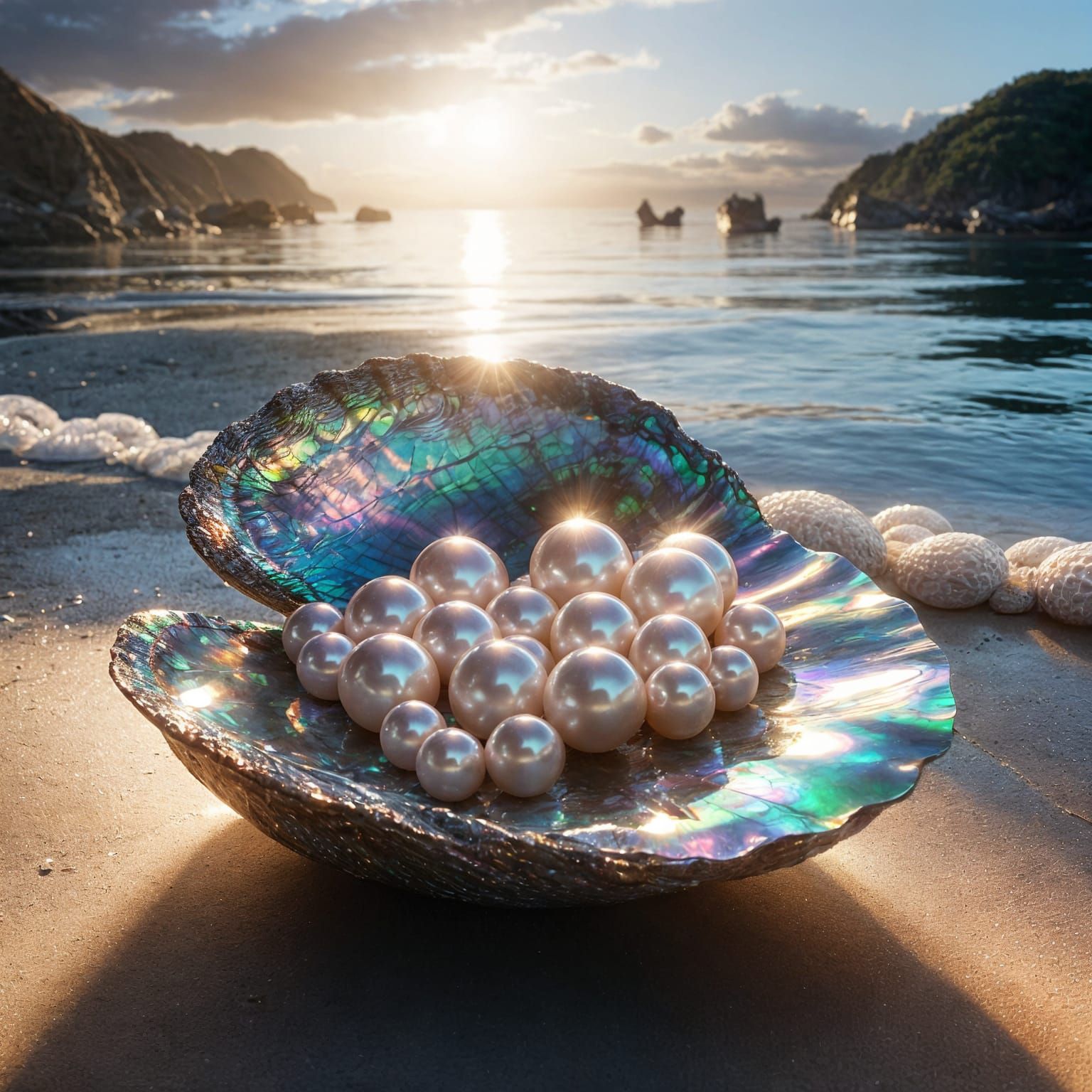 Luminous Pearls in Abalone Shell on Sandy Beach