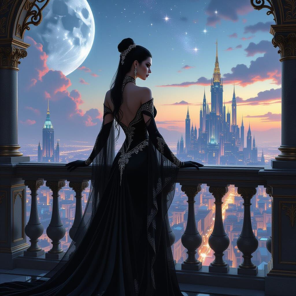 Art Nouveau Vampire Overlooking Cosmic Cityscape