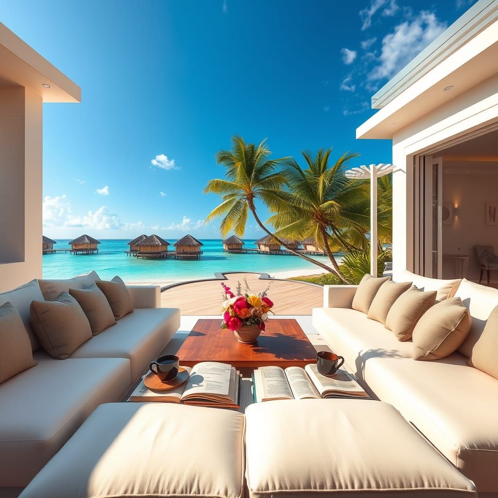 Luxurious Tropical Resort Lounge Overlooking Lagoon