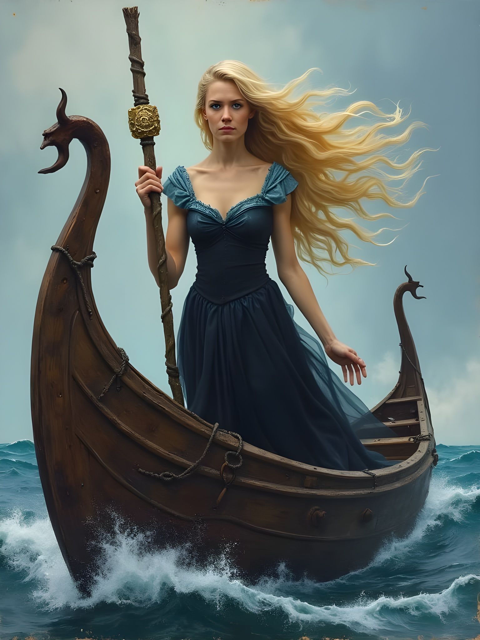Norse Goddess Vár on Viking Longboat