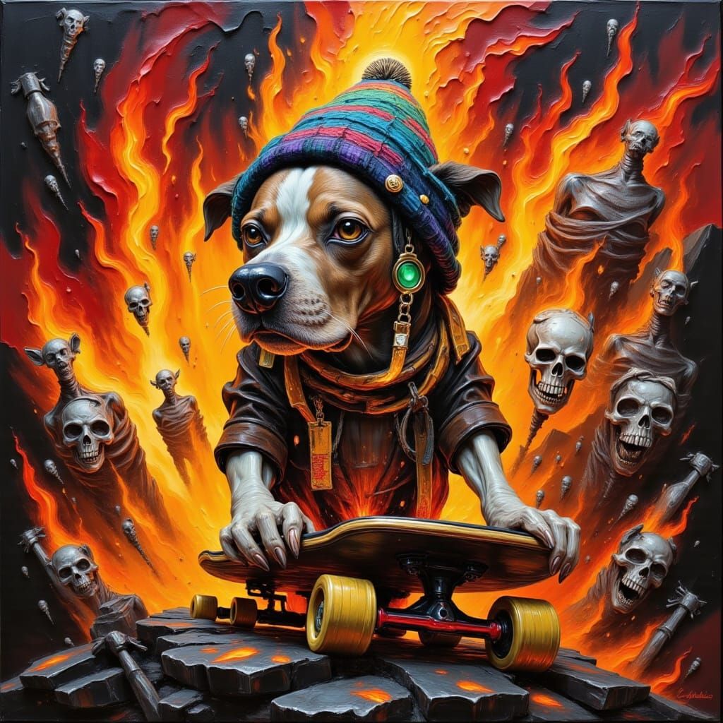 Dog in Bean Hat Skates Through Fiery Hellscape
