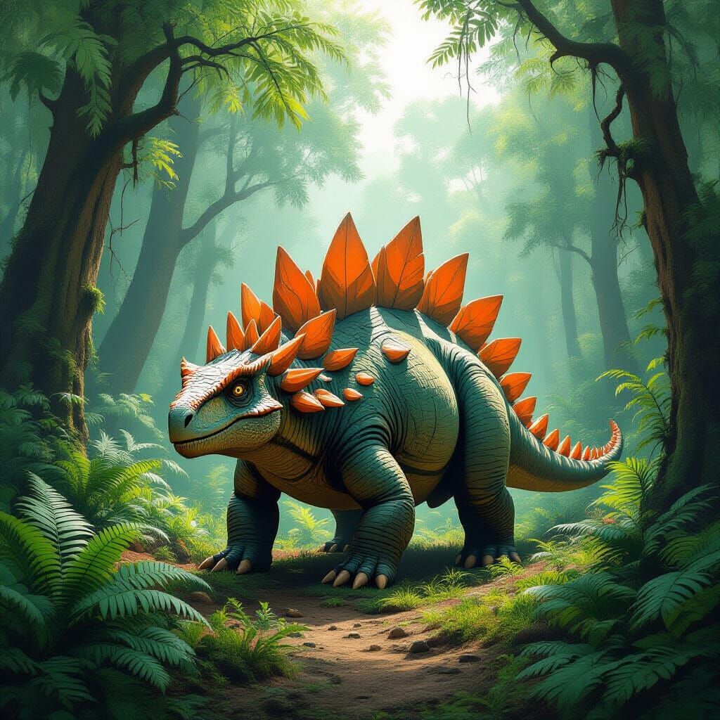Stegosaurus in Prehistoric Forest, Dark Fantasy Art