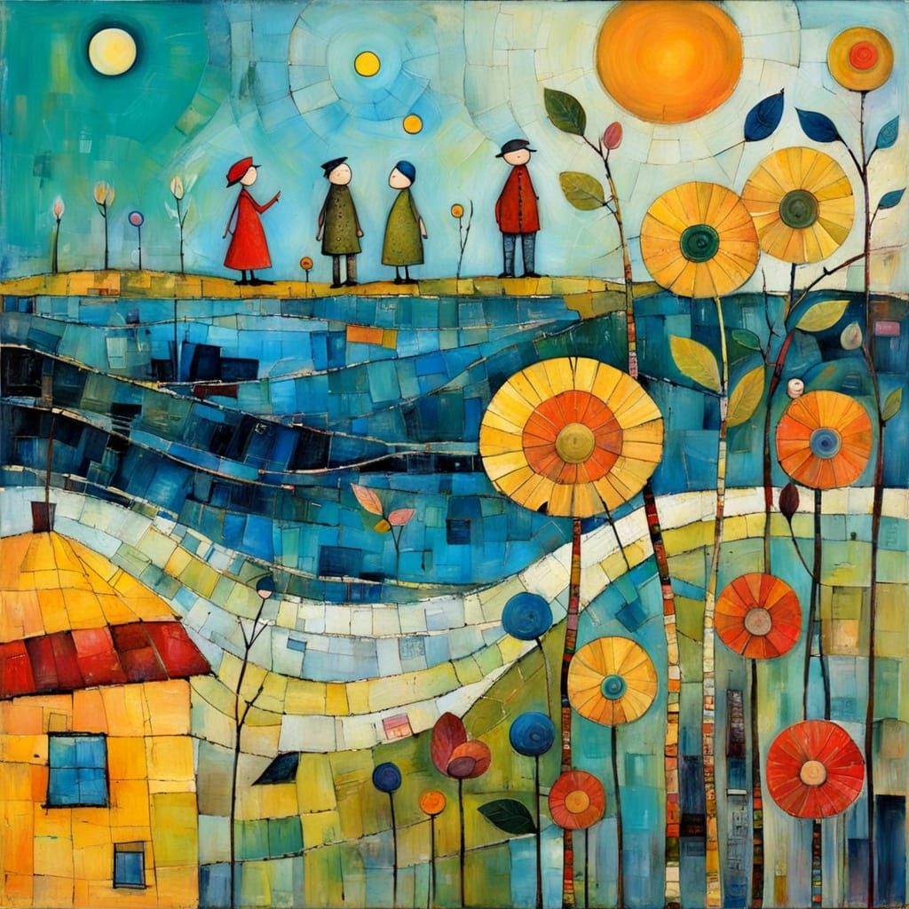 Primitive Naive Encaustic Painting with Rich Texture