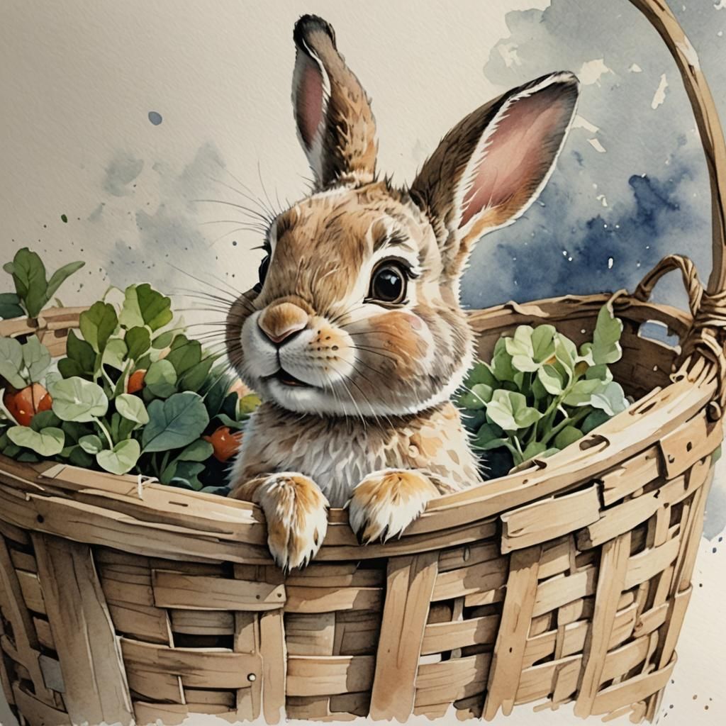 Pixar-Style Watercolor Rabbit in Basket Line Drawing