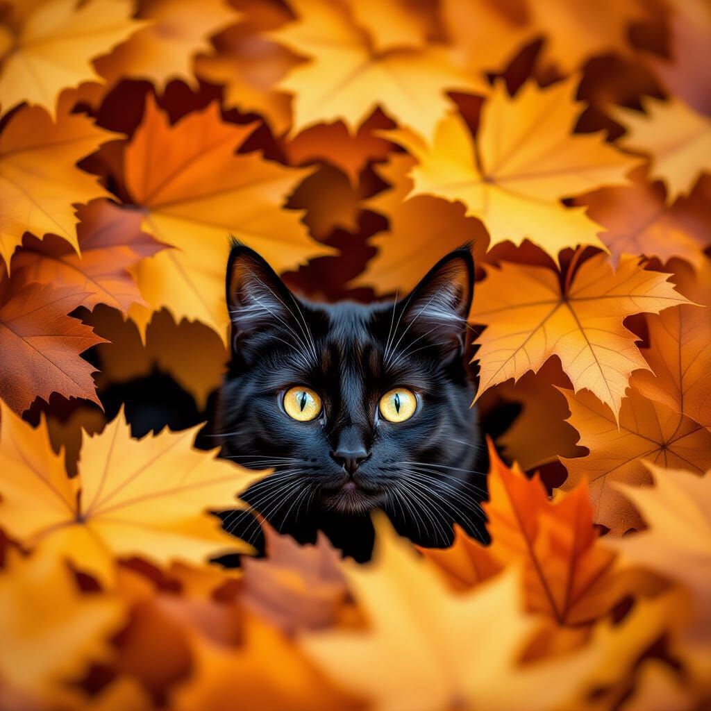 Black Cat Peeking From Autumn Leaves with Blue Eyes