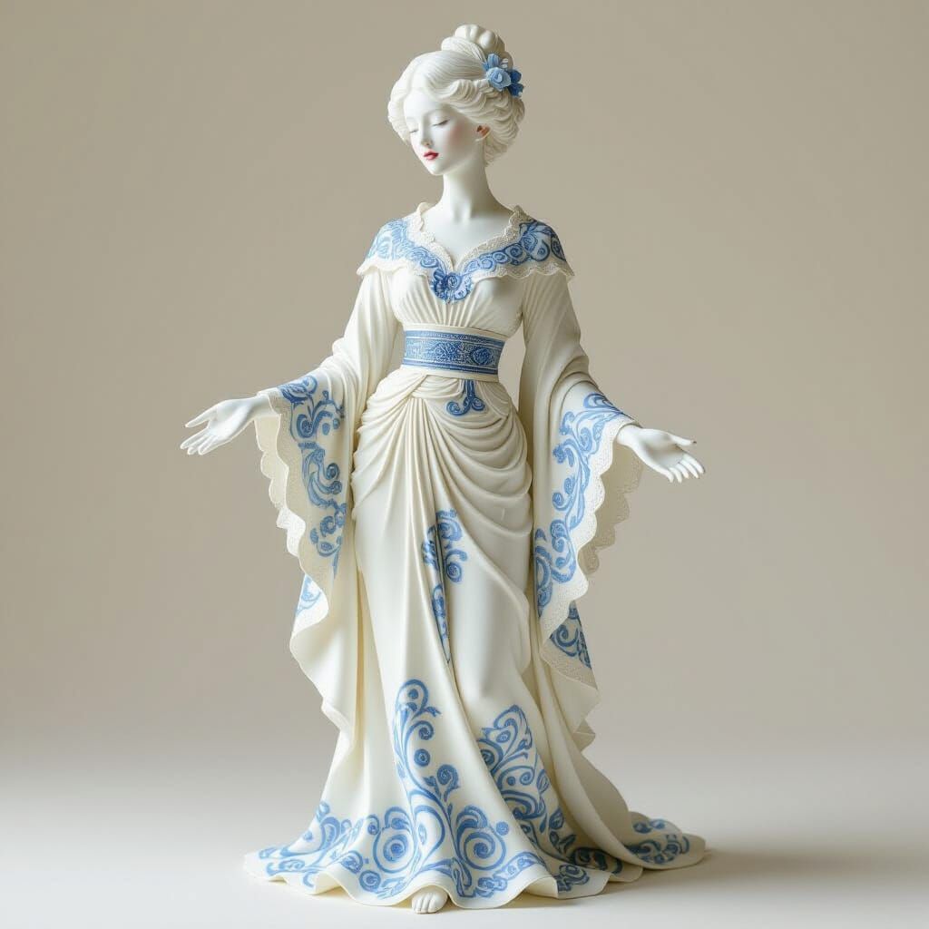 Porcelain Woman with Blue Patterns in Art Nouveau Style