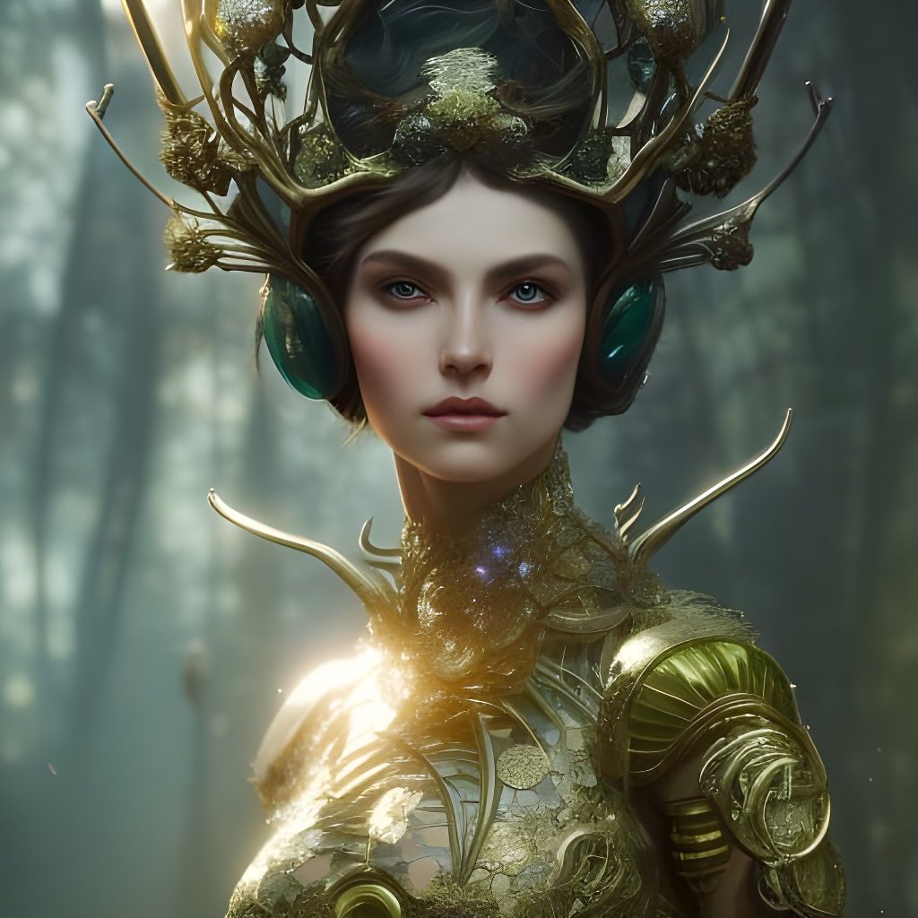 Ornate Metal Dryad Portrait in Dystopian Forest