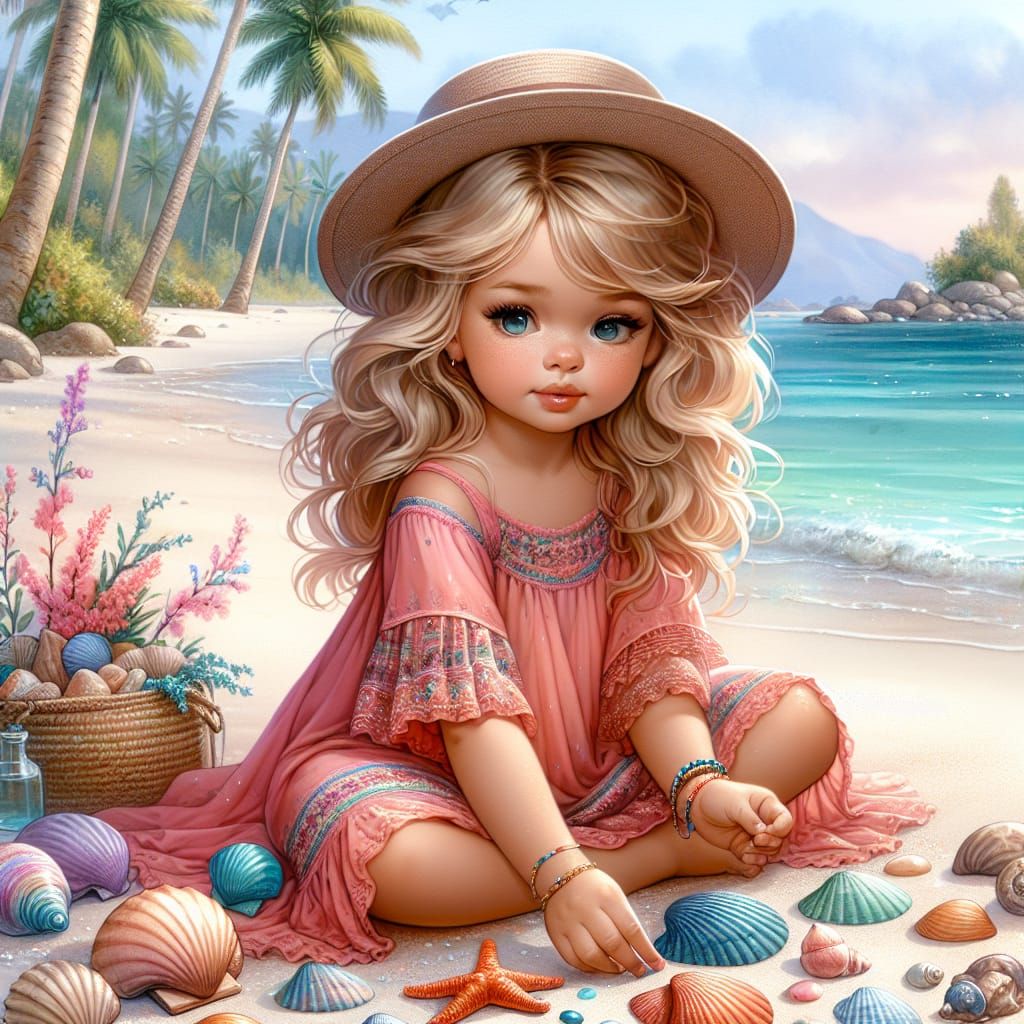 Blond Girl on Beach Playing with Shells: Aquarelle
