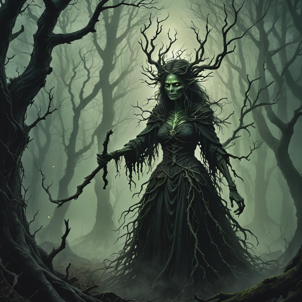 Terrifying Forest Witch with Bone Staff: Dark Fantasy