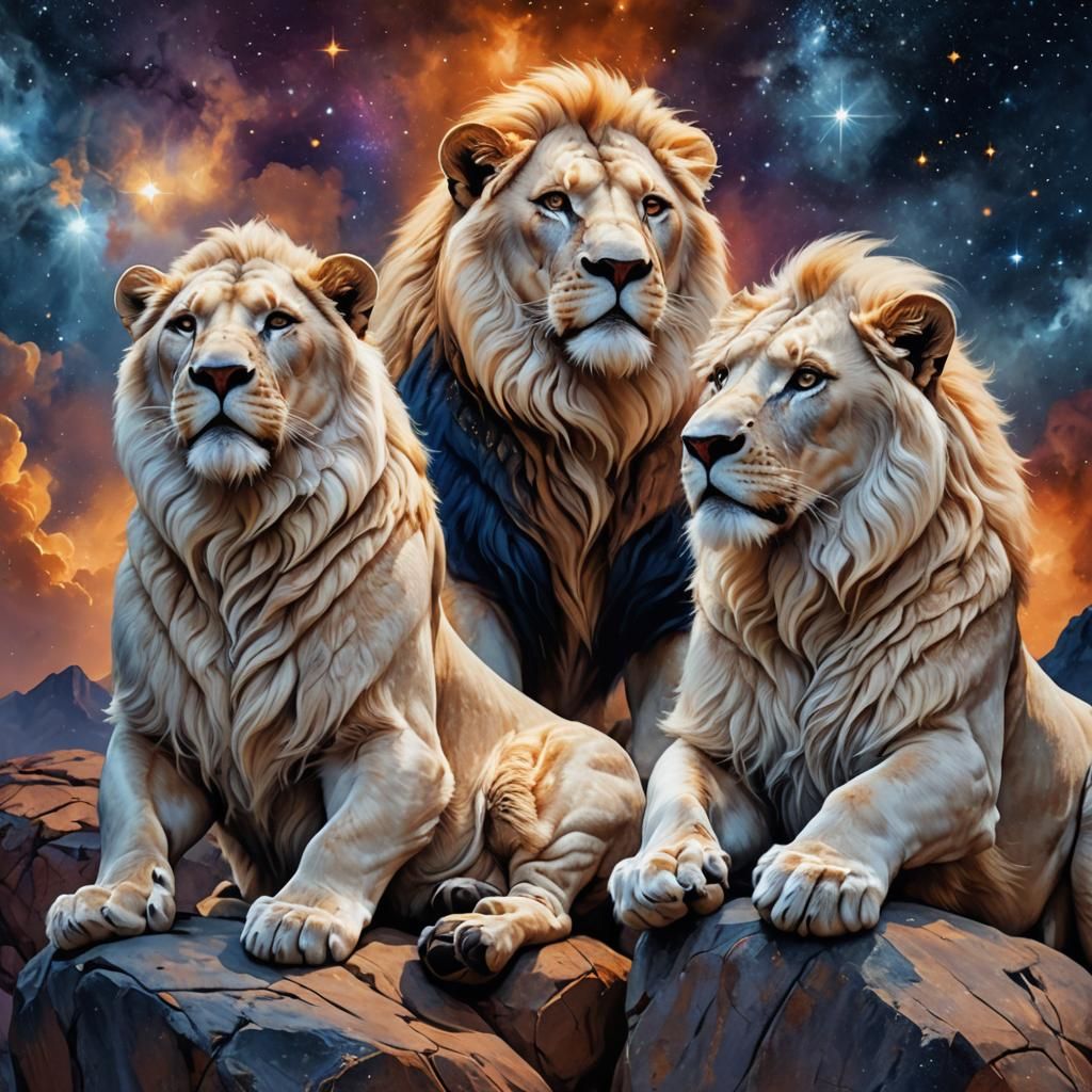 White Lions Under a Starry Sky: Fantasy Art