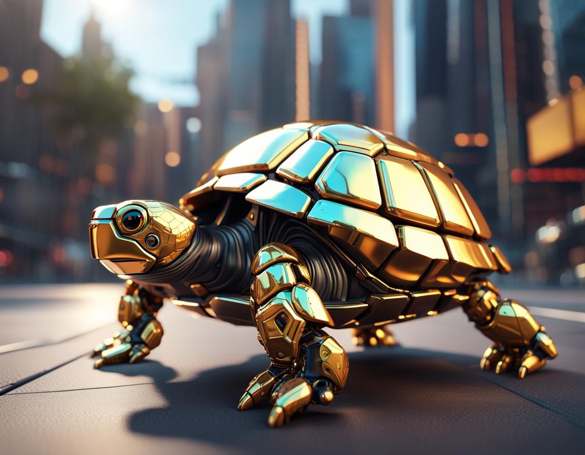 Me and my cute gold and rainbow robot pet turtle