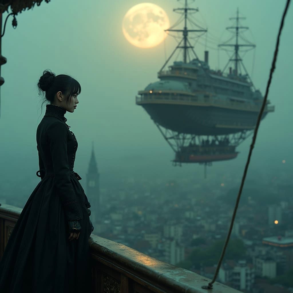Victorian Airship Maiden Under Moonlit Cityscape