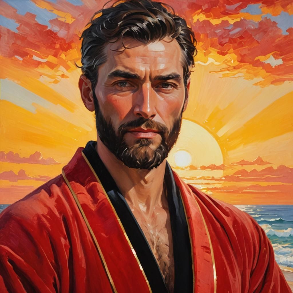 Bearded Man in Red Robe: Impressionist Oil Painting