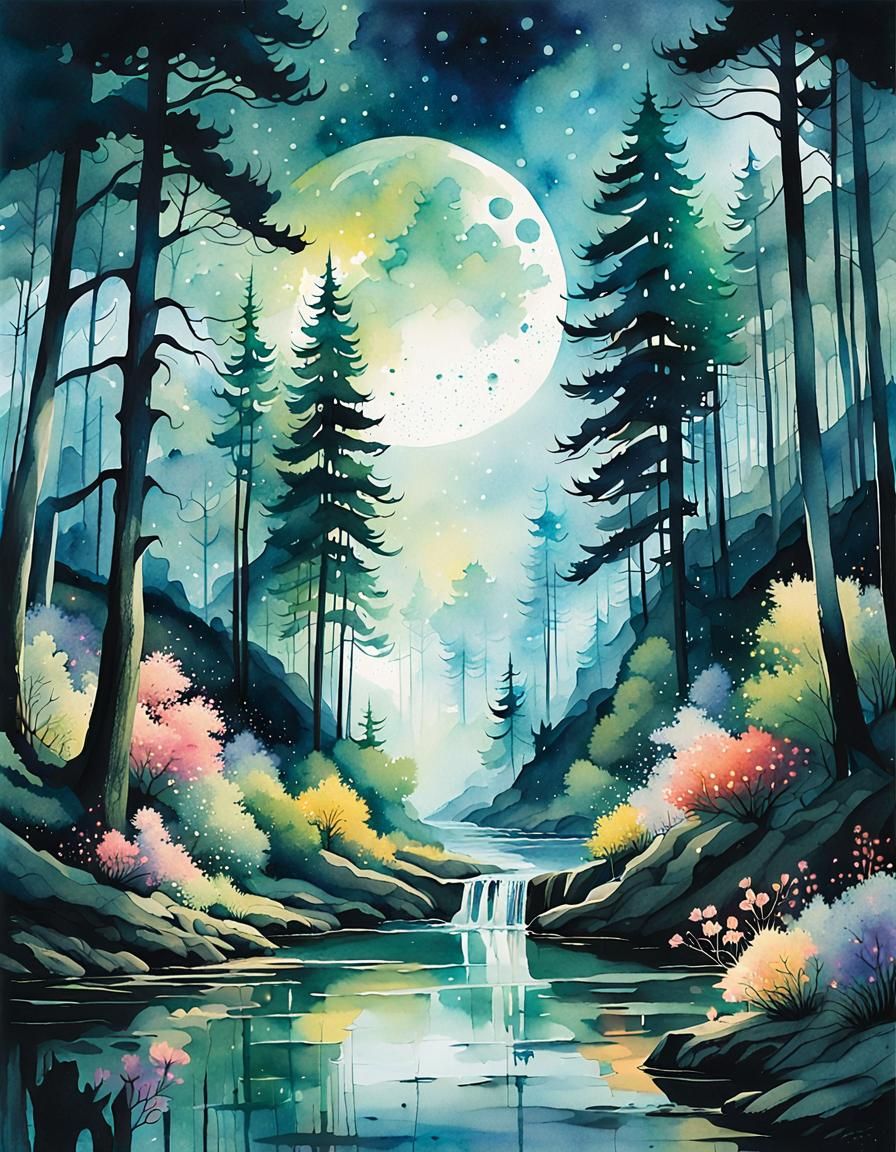 Luminous Moonlit Forest in Watercolor Style