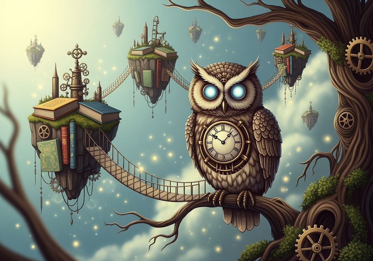 Whimsical Clockwork Owl on Floating Islands