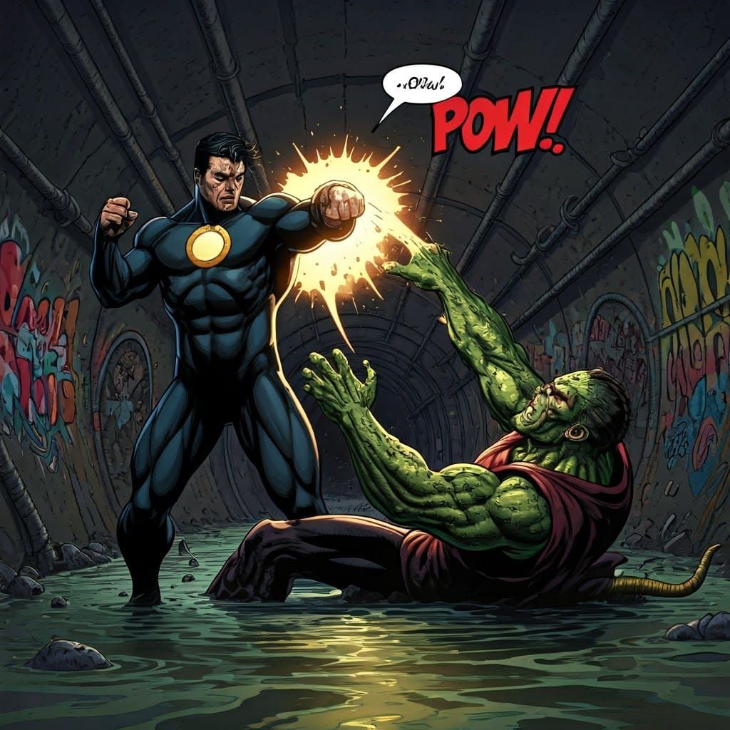 Dynamic Superhero Smashes in Gritty Urban Comic Book Style