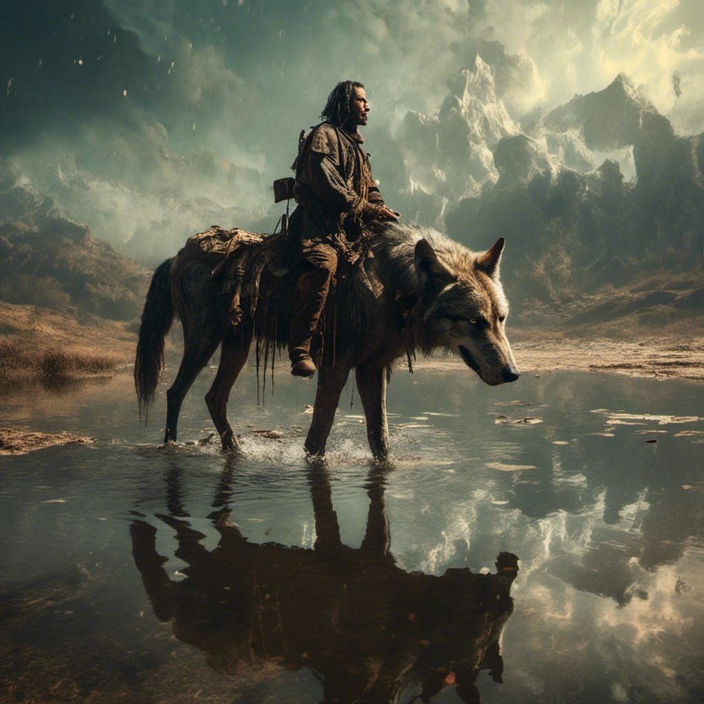 Asian Steppe Cavalry with Wolf and Star Reflection