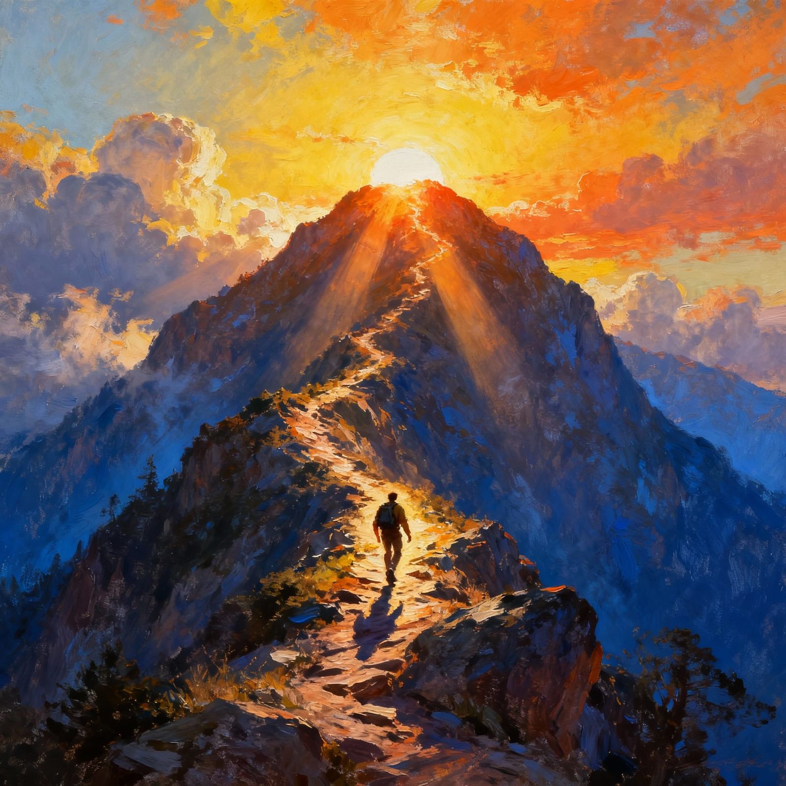 Climb to Summit: Sunrise Mountain Ascent in Digital Art Styl...