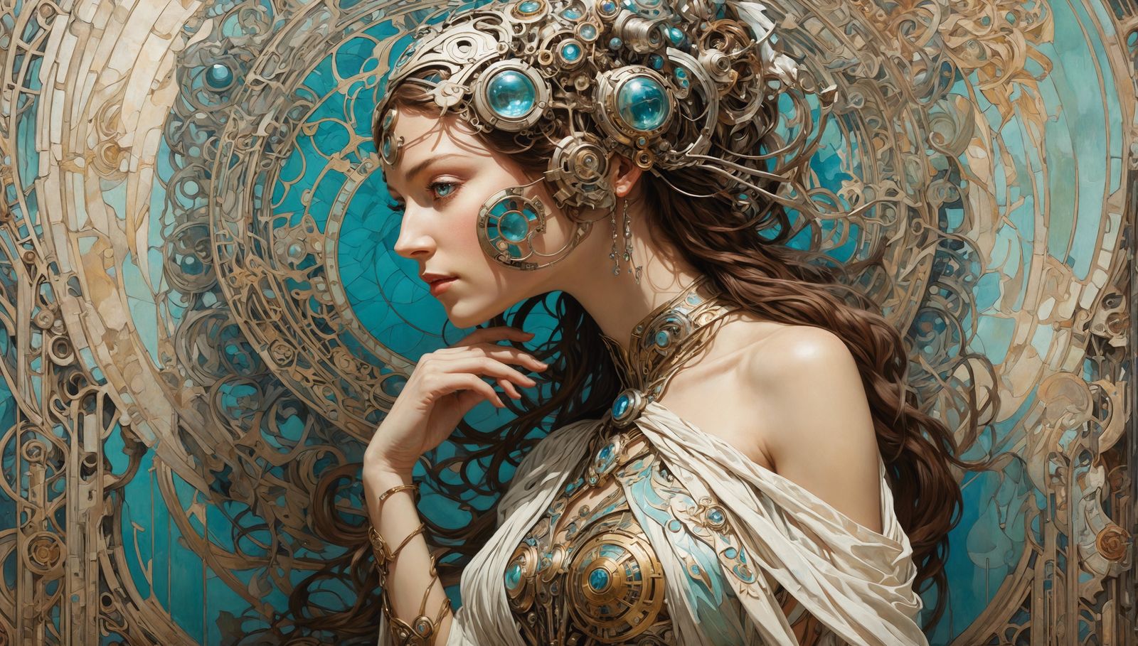 Cyborg Goddess in Art Nouveau Style