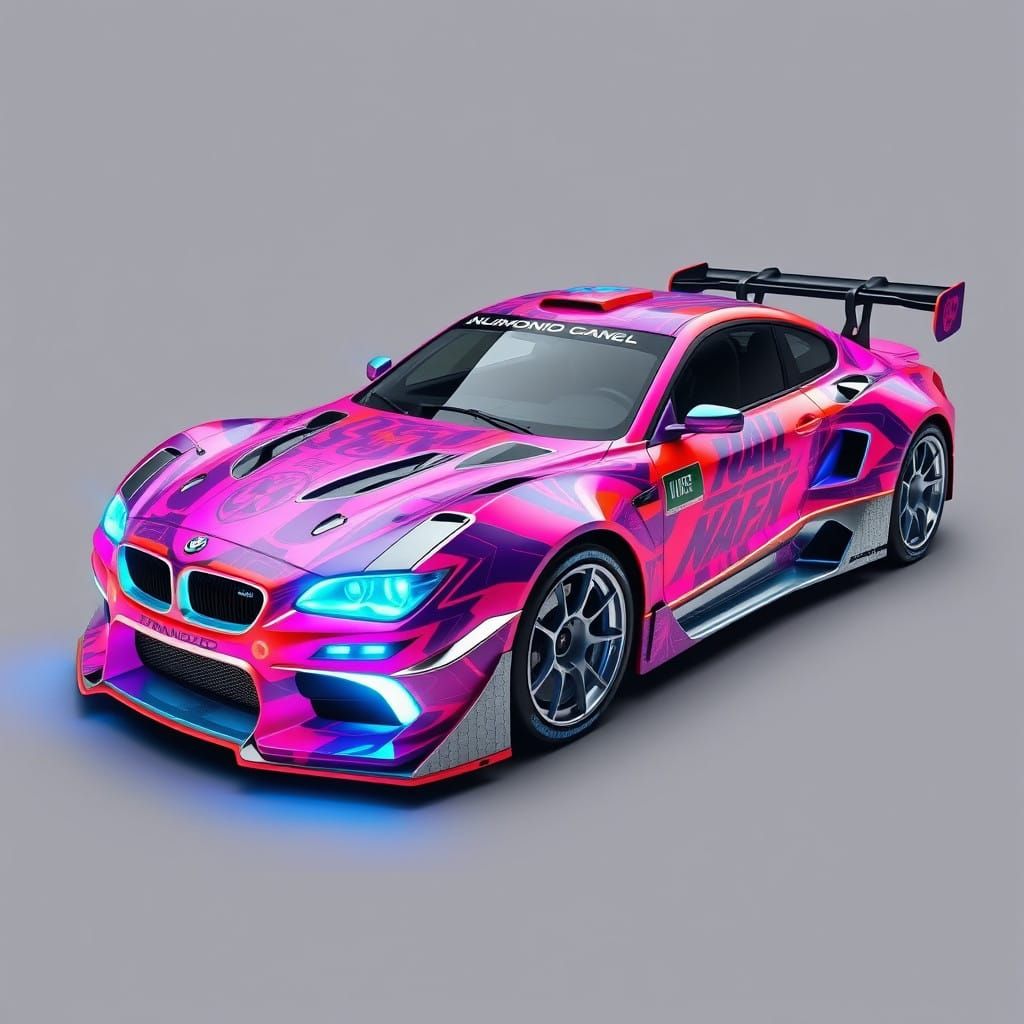 Rally car wrapped in "numanoid hang-glide" artwork
