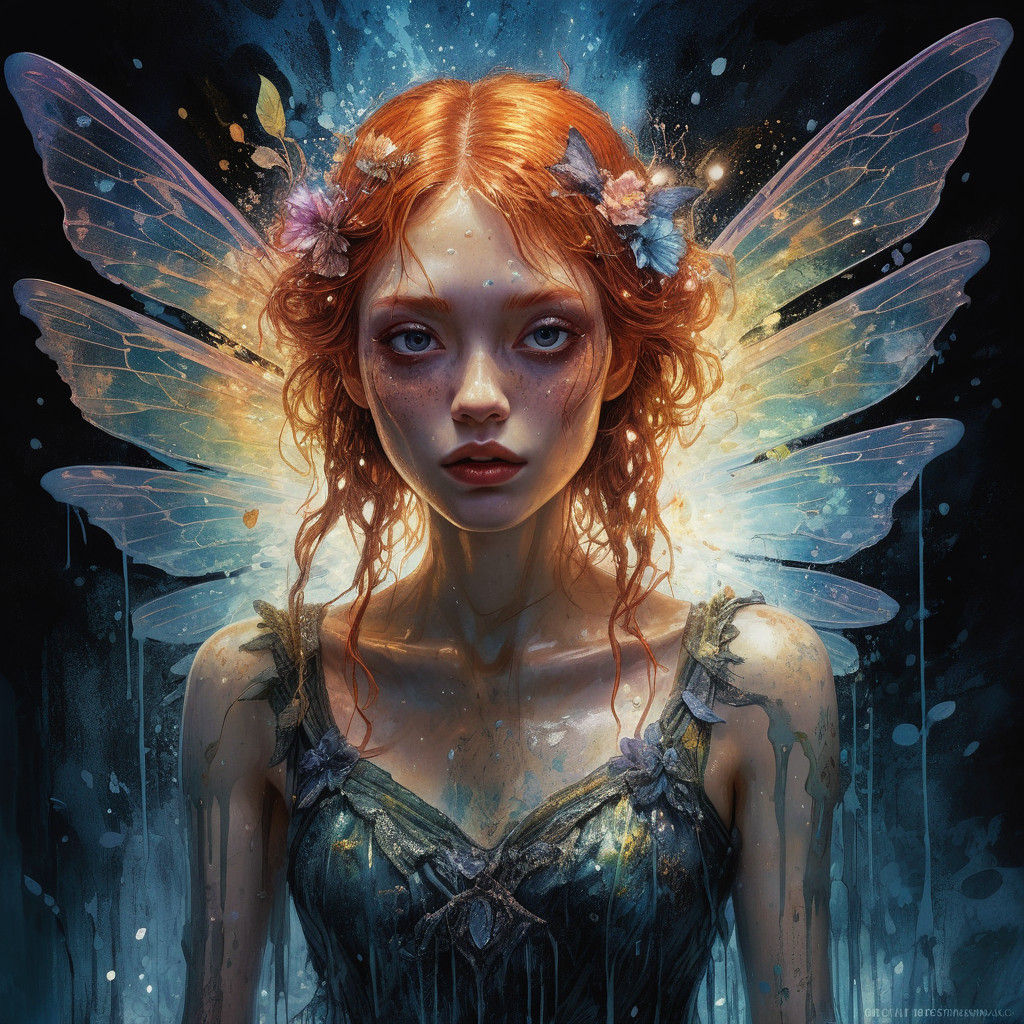 Vibrant Fairy Girl in a Smoky Crystal World, Ink Dripping Pa...
