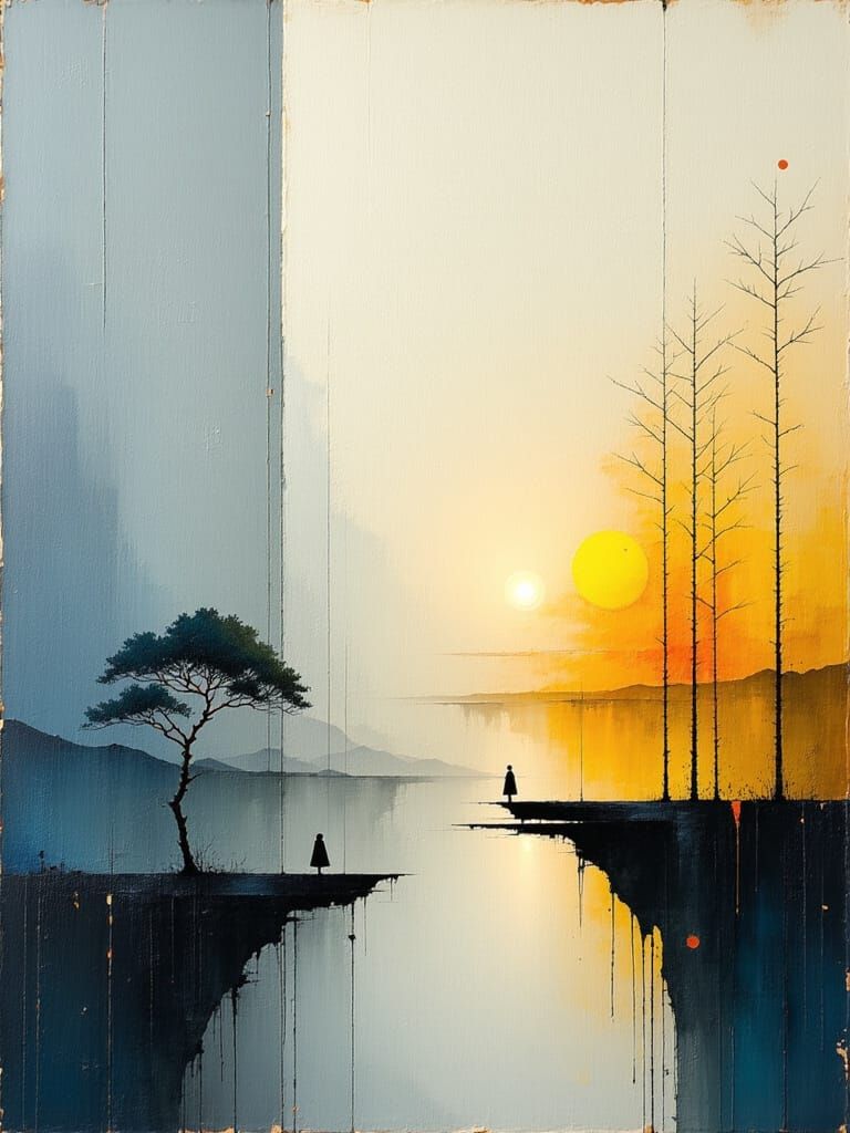 Impasto Oil Painting of Abstract Landscape with Figures