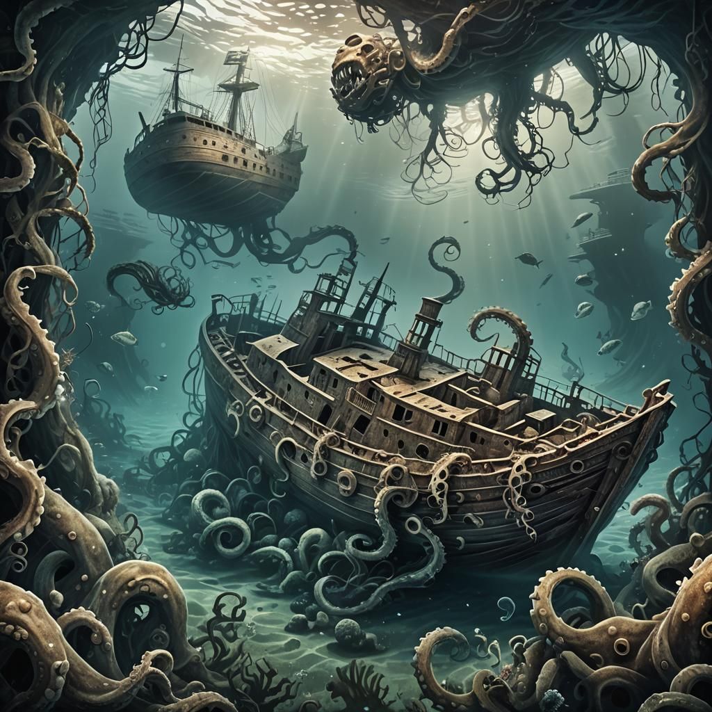 Giant Squid Attacks Shipwreck: Underwater Matte Painting