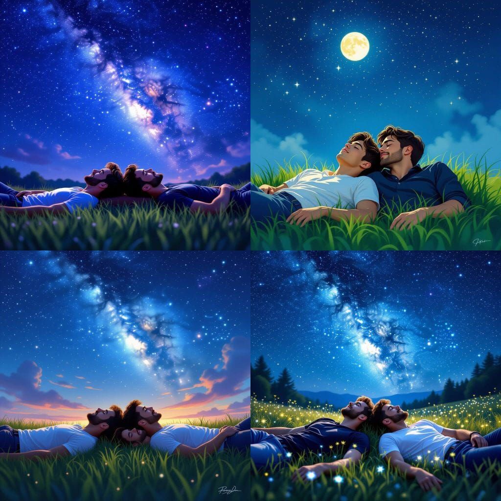 Couple Gazes at Stars in Lush Grass