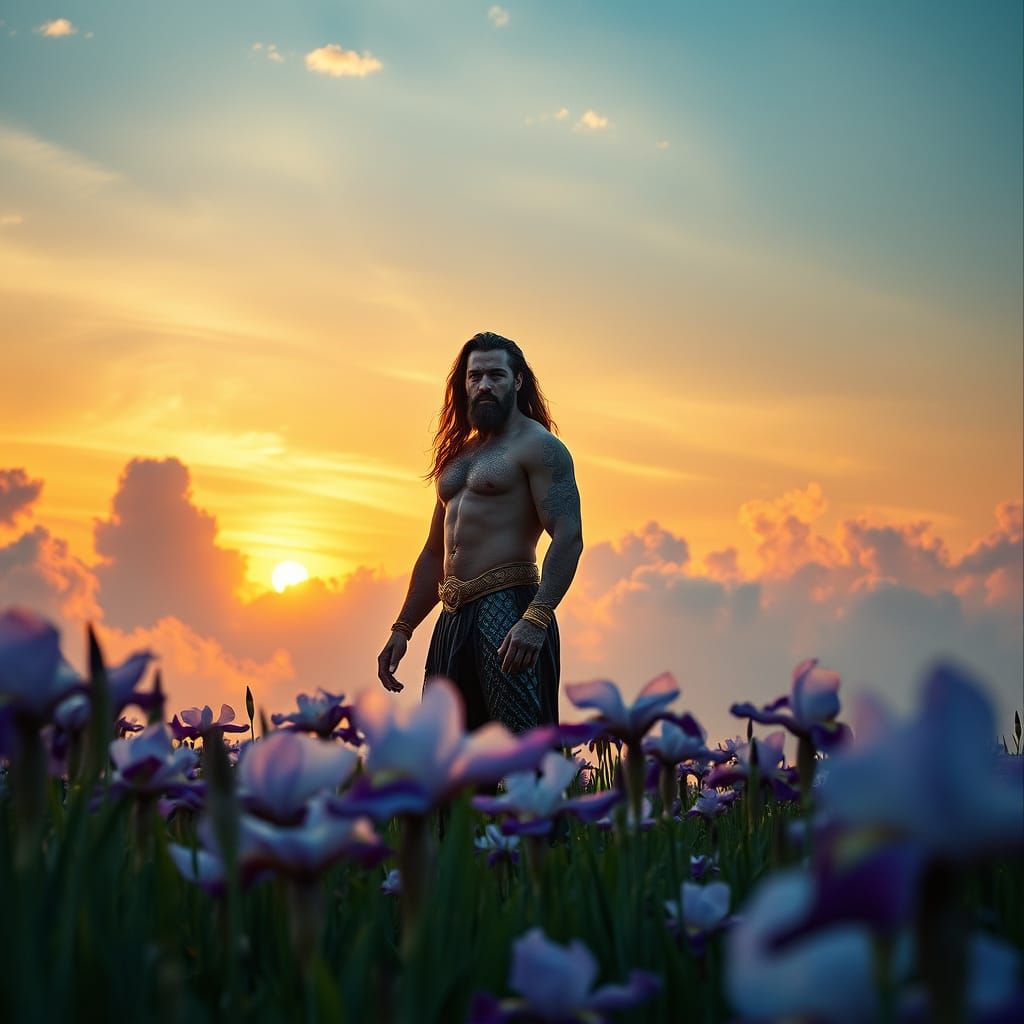 Jason Momoa as Aquaman in a Vibrant Field of Irises at Sunse...