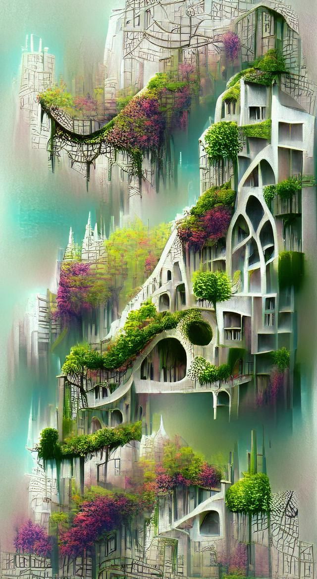 Overgrown Fantasy City Illustration in Digital Art Style