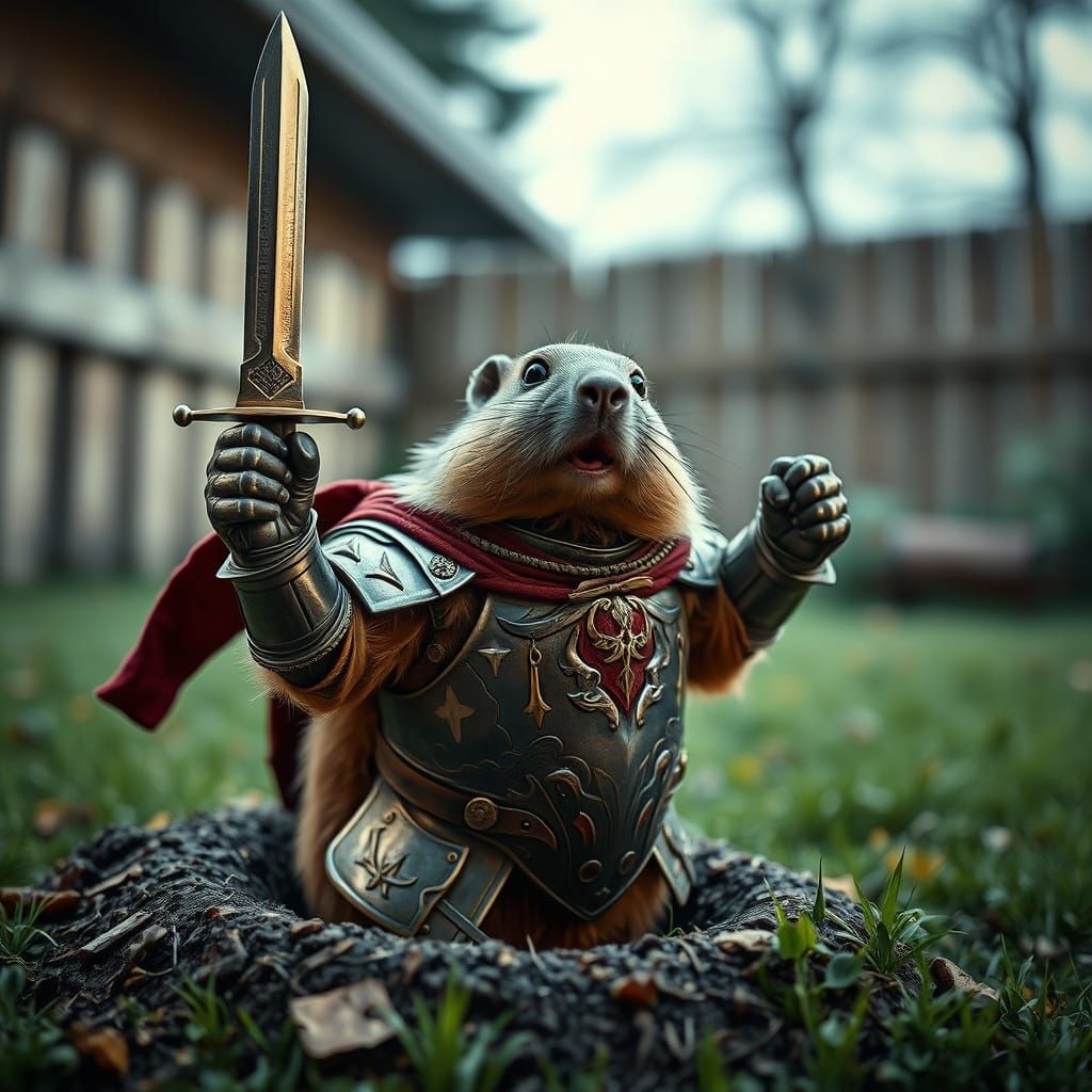 Victorious Armored Gopher Emerges from Hole with Dagger