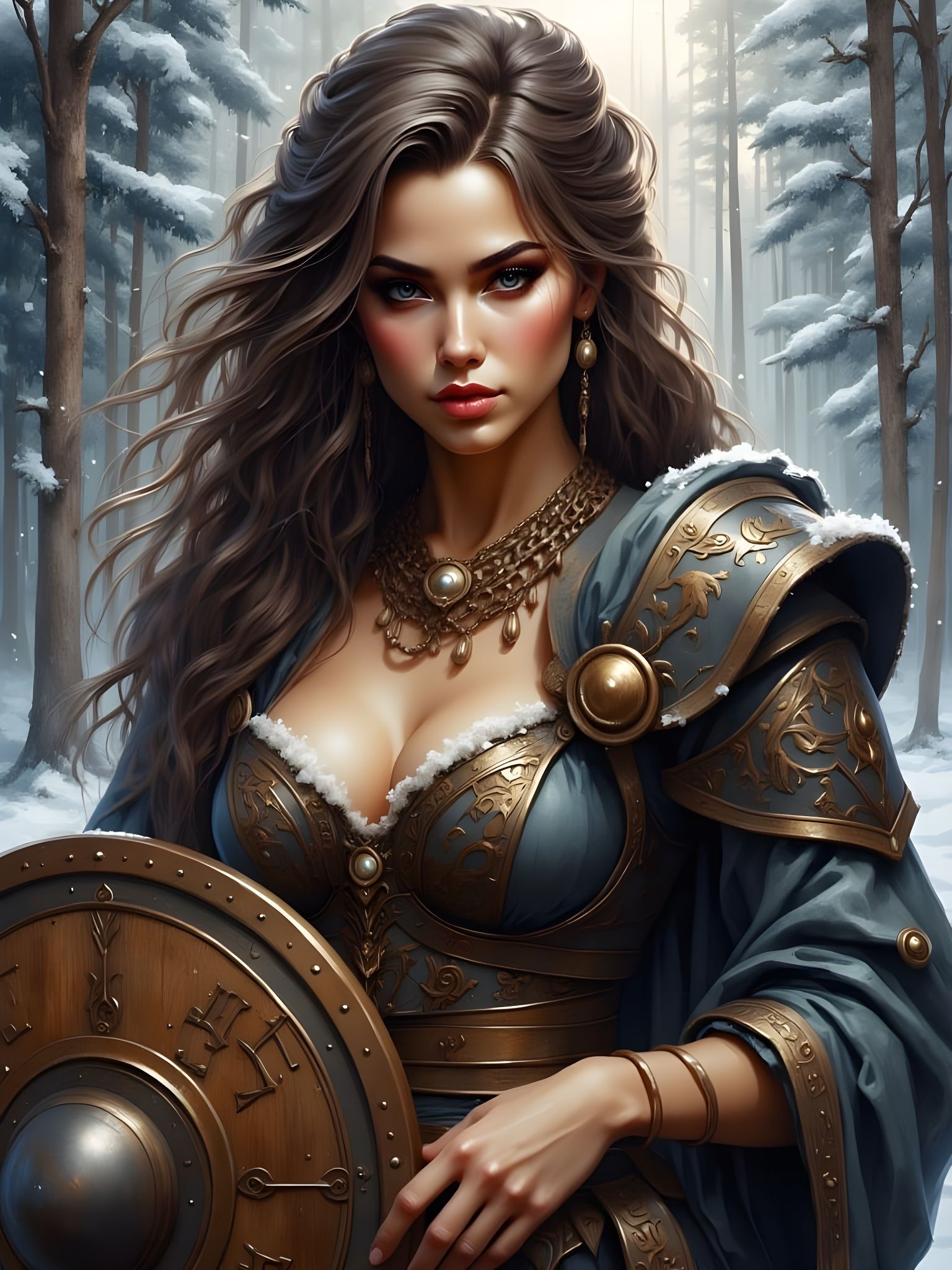 Vigilant Norse Goddess of Protection in Impasto Oil Portrait